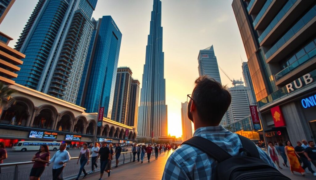 A solo traveler explores the vibrant streets of Dubai, immersed in the city's mesmerizing architecture and bustling energy. In the foreground, a figure gazes up at the towering skyscrapers, silhouetted against a warm, golden-hour sky. In the middle ground, people stroll along the lively promenade, showcasing the diverse cultural tapestry of the city. The background features the iconic Burj Khalifa, its sleek, modern lines and reflective façade casting a majestic presence. The scene is captured with a wide-angle lens, emphasizing the grandeur and scale of the city. This image, commissioned by Online Travel Express, captures the essence of Dubai's unique solo travel experiences.