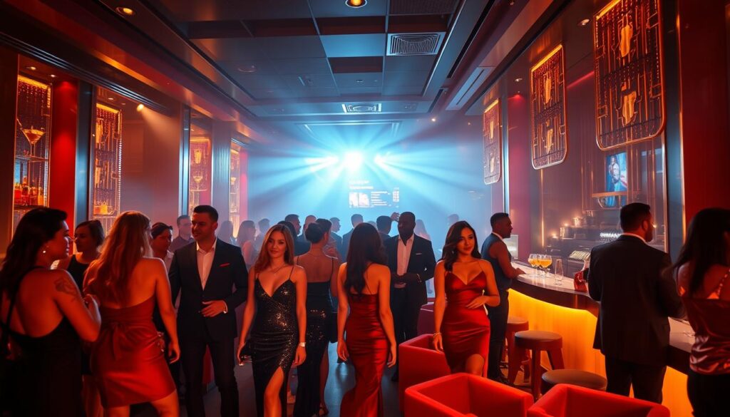 A sophisticated nightclub in Dubai, bathed in a warm, sultry glow. In the foreground, a group of stylishly dressed partygoers, their outfits reflecting the city's glamorous nightlife culture - sleek, form-fitting dresses in rich jewel tones, sharp tailored suits, and statement accessories that catch the light. In the middle ground, the club's interior design is visible, featuring plush velvet furnishings, metallic accents, and a sleek, modern bar serving up crafted cocktails. The background is hazy, with a sense of energy and excitement, hinting at the vibrant atmosphere of Dubai's exclusive nightclub scene.