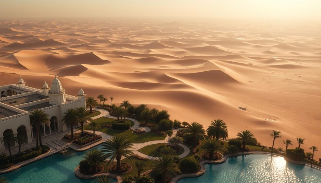 A sprawling desert oasis, with towering sand dunes and shimmering mirage-like pools reflecting the warm Arabian sun. In the foreground, a luxurious desert retreat, its elegant white architecture and pointed spires evoking the opulence of a bygone era. The middle ground features lush, verdant gardens, dotted with palm trees and fragrant flowers, creating a serene and tranquil atmosphere. The background is a panoramic vista of the vast, undulating desert landscape, its hues shifting from golden to burnt orange as the day wanes. Soft, diffused lighting bathes the scene, lending an air of ethereal beauty and timeless sophistication. This is a dreamlike, cinematic vision of Arabian luxury in the desert.