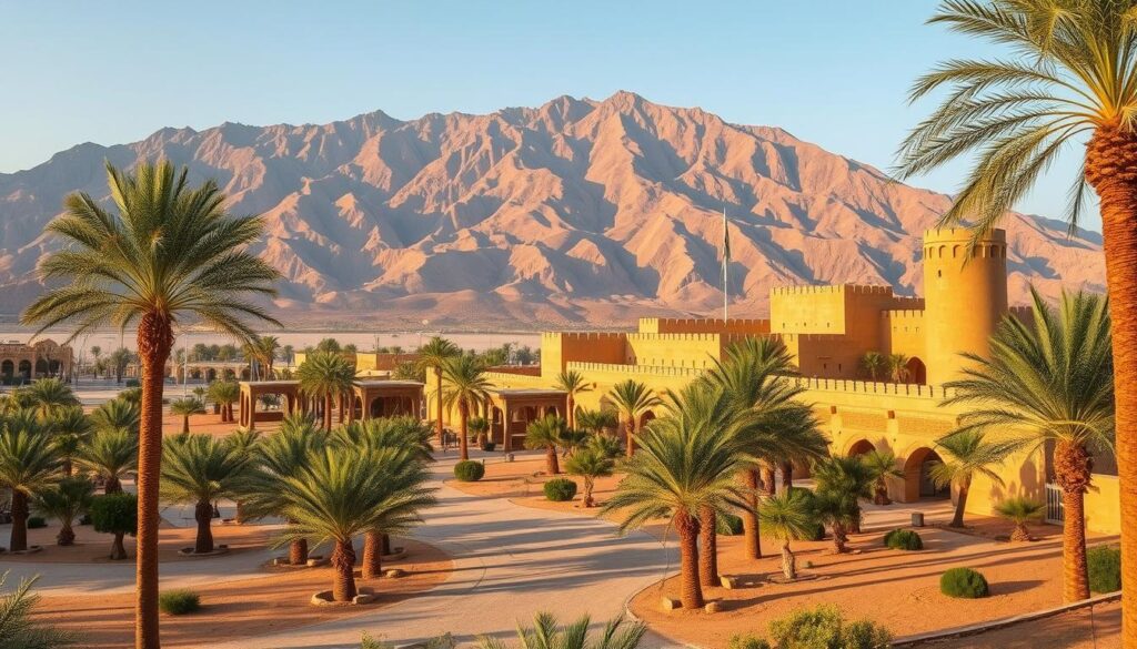 A stunning desert oasis nestled in the heart of the UAE, Al Ain beckons with its captivating day trip attractions. Majestic Jebel Hafeet mountain looms in the distance, its slopes dotted with lush greenery and serene wadis. In the foreground, the iconic Al Ain Oasis dazzles, its ancient date palms casting soft shadows on the meandering pathways. Nearby, the enchanting Al Jahili Fort stands tall, its ochre-hued walls reflecting the warm glow of the sun. Capturing this blend of natural and cultural wonders, the "Online Travel Express" invites you to immerse yourself in the timeless beauty of Al Ain.