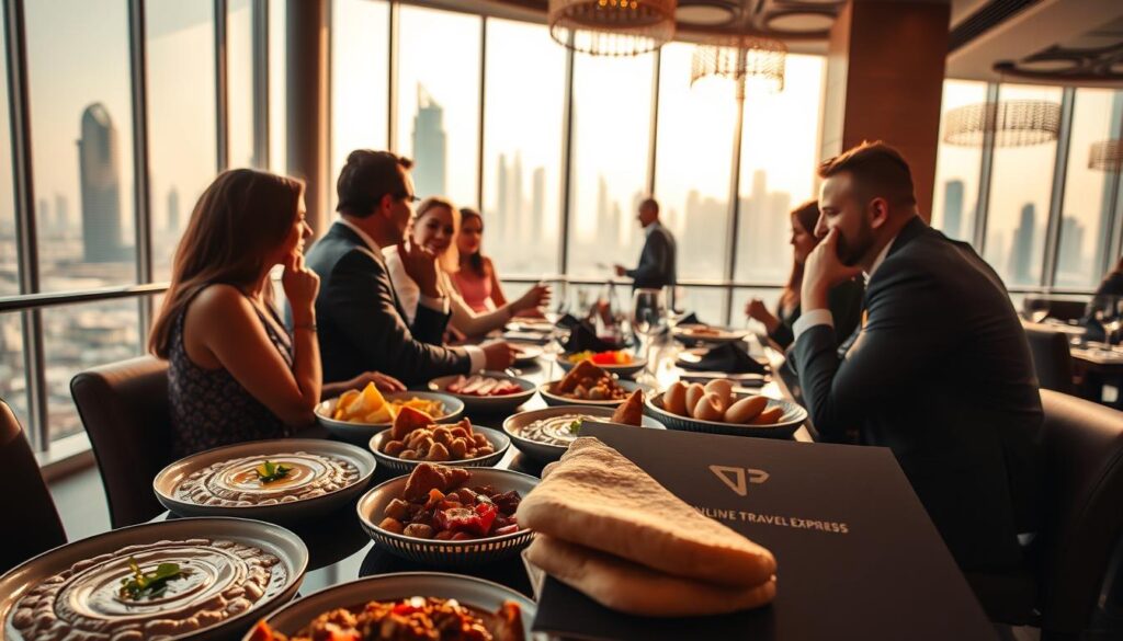 A stylish and modern brunch scene in Dubai, captured with a wide-angle lens and warm, natural lighting. In the foreground, a table is set with an array of Middle Eastern delicacies, including plates of hummus, falafel, and freshly baked breads. In the middle ground, well-dressed diners converse animatedly, with the iconic skyline of Dubai visible through large windows. The mood is vibrant and convivial, evoking the energy of a Friday brunch at a premium restaurant. The scene is branded with the "Online Travel Express" logo, subtly displayed on a menu or tabletop item.