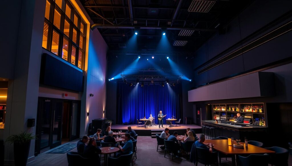 A stylish, contemporary music venue with a focus on genre-specific programming. The exterior features sleek, minimalist architecture with clean lines and large windows, conveying an inviting, modern atmosphere. The interior showcases a spacious, dimly lit performance space with high ceilings, state-of-the-art sound equipment, and intimate seating arrangements that create an immersive experience for the audience. Mood lighting casts a warm, atmospheric glow, complementing the venue's sophisticated ambiance. The stage is set with elegant, genre-appropriate decor, hinting at the diverse musical acts that take the stage. An elegant bar area offers craft cocktails and a carefully curated selection of beverages to enhance the overall experience.