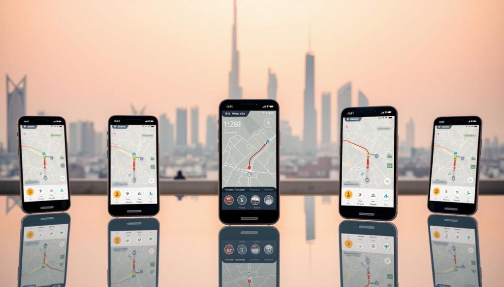 A stylish navigation app UI displayed on an array of smartphones against a backdrop of Dubai's iconic skyline. The app interface features clear route maps, point-of-interest icons, and a sleek, intuitive design. The smartphones are arranged in a visually appealing composition, casting subtle reflections on a pristine glass surface. Warm, diffused lighting creates a sense of urban sophistication, while Dubai's distinctive skyscrapers and landmarks can be seen in the hazy distance, establishing the cityscape context. The overall scene conveys the effortless navigability and technological savvy that enable solo travelers to confidently explore the vibrant city of Dubai.