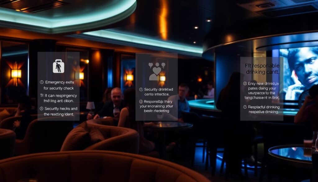 A stylish nightclub interior in Dubai, with plush seating, dim lighting, and a sleek bar in the background. In the foreground, a group of patrons chatting and enjoying drinks, exuding an air of sophistication. Subtle safety signage is discreetly displayed, providing guidance on emergency exits, security checks, and responsible drinking. The scene conveys a sense of elegance and refinement, while subtly communicating important safety considerations for a memorable and secure nightclub experience.