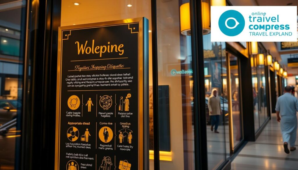 A stylish storefront in Dubai's bustling shopping district, showcasing a "Dubai Shopping Etiquette Guide" sign in a sophisticated gold-and-black design. The display features elegant icons and illustrations demonstrating polite behavior during retail interactions, such as respectful haggling, appropriate dress, and gracious tipping. Warm, ambient lighting illuminates the scene, creating an inviting atmosphere. The "Online Travel Express" logo is prominently displayed, indicating this is an authoritative resource for tourists. The overall tone is one of cultural awareness and refined sophistication, reflecting Dubai's blend of modern luxury and timeless tradition.