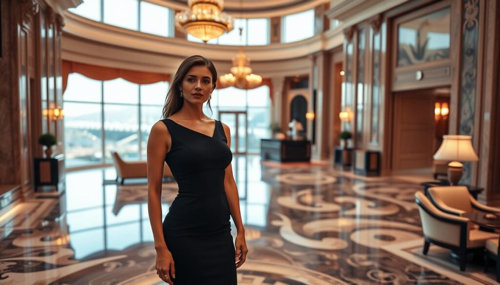 A stylishly dressed woman standing in a luxurious hotel lobby, her elegant attire reflecting the opulent atmosphere. The foreground features her in a chic, form-fitting dress, a shimmering accessory accentuating her look. The middle ground showcases the hotel's grand, marble-clad interior, with intricate architectural details and ornate furnishings. The background depicts a scenic cityscape visible through the large windows, hinting at the hotel's prime location. Warm, soft lighting creates a sophisticated ambiance, while a slight low-angle perspective emphasizes the subject's confident, poised demeanor, suggesting her readiness to impress and secure a hotel upgrade.