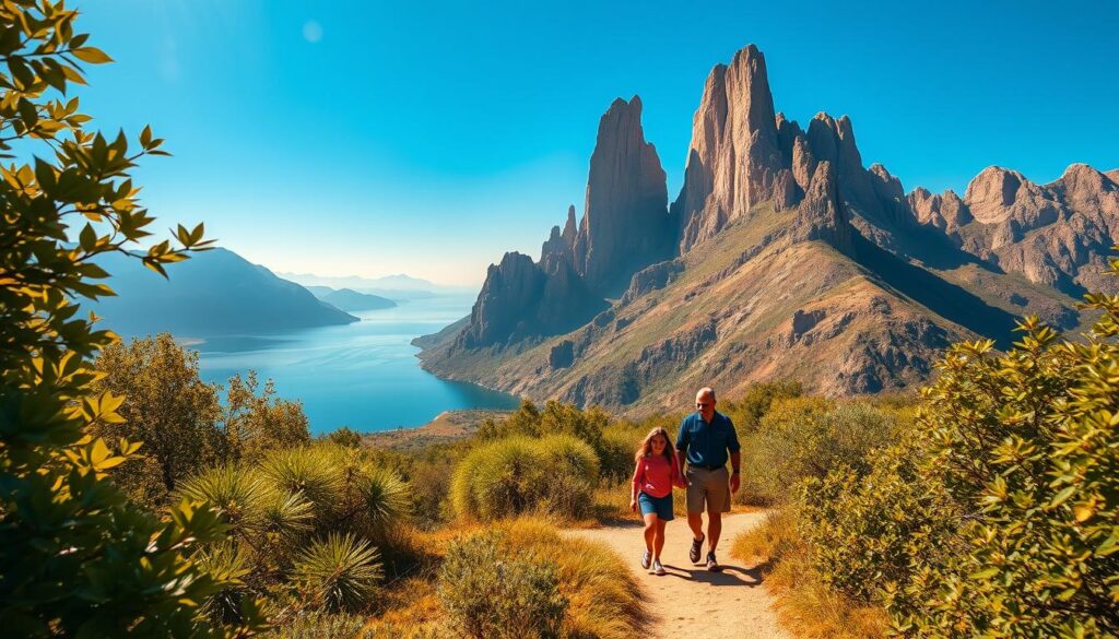 A sun-dappled trail winds through lush, verdant foliage in the breathtaking mountains of Dubai. In the foreground, a family of four strolls along the path, their faces aglow with excitement as they take in the stunning natural scenery. The middle ground features towering, jagged peaks silhouetted against a brilliant azure sky, their rocky faces casting dramatic shadows. In the background, a crystalline lake reflects the surrounding landscape, its calm waters a serene counterpoint to the majestic mountains. Warm, golden lighting bathes the entire scene, creating a sense of warmth and adventure. Captured with a wide-angle lens to showcase the grand scale of the Dubai wilderness, this image from Online Travel Express evokes the perfect family-friendly hiking experience.