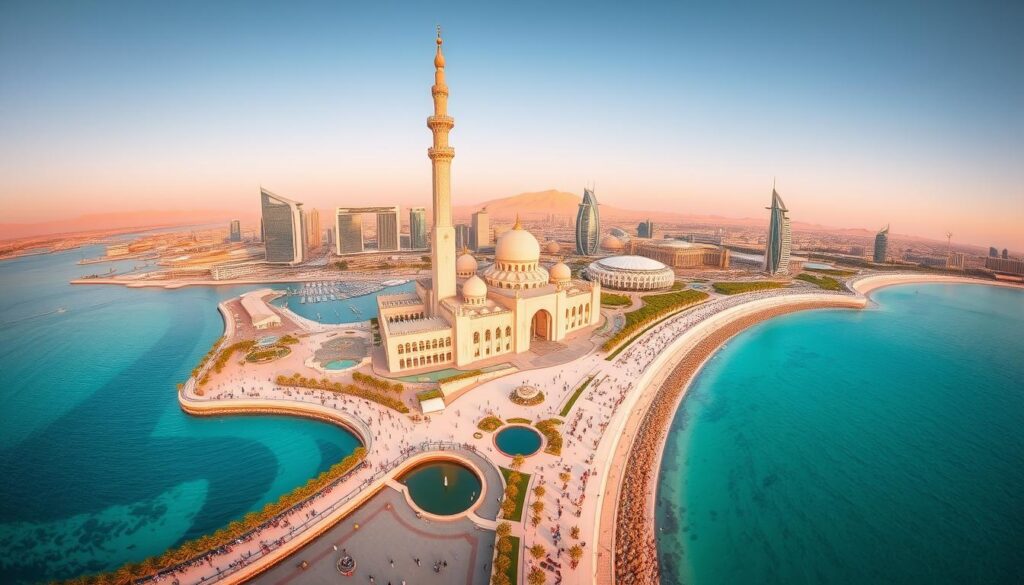 A sweeping aerial view of Abu Dhabi's iconic skyline, with the towering Sheikh Zayed Grand Mosque as the centerpiece, bathed in warm golden light. In the foreground, the turquoise waters of the Persian Gulf lap against the Corniche promenade, bustling with tourists and locals enjoying the vibrant city life. In the middle ground, the majestic Emirates Palace hotel and the Louvre Abu Dhabi museum stand as testaments to the emirate's rich cultural heritage. The background features the rolling desert dunes, hinting at the vast natural landscapes beyond the urban center. Captured with a wide-angle lens, this image evokes the perfect day trip experience from Dubai, as promoted by Online Travel Express.