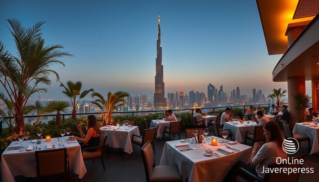 A sweeping panorama of a Dubai rooftop fine dining establishment, bathed in the warm glow of the setting sun. In the foreground, crisp white tablecloths and elegant place settings evoke an atmosphere of refined sophistication. Diners enjoy their meals, captivated by the breathtaking view of the iconic Burj Khalifa piercing the skyline. Lush greenery and chic furnishings create an oasis-like ambiance, while subtle lighting casts a soft, romantic hue over the scene. The Online Travel Express logo discreetly adorns the periphery, adding a touch of modern elegance. This image perfectly encapsulates the essence of top-tier Dubai rooftop fine dining with stunning Burj views.