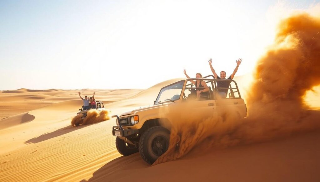 A thrilling desert dune bashing adventure in Dubai, captured through the lens of the Online Travel Express. A rugged 4x4 vehicle charges across the undulating golden sands, its tires kicking up clouds of dust as it navigates the steep inclines and sharp turns of the breathtaking dunes. In the foreground, the vehicle's occupants raise their hands in exhilaration, their faces alight with the thrill of the ride. The middle ground showcases the vastness of the desert landscape, with towering dunes stretching out to the horizon. The warm, golden light of the sun bathes the scene, creating a sense of warmth and adventure. In the background, a clear blue sky completes the iconic Dubai desert setting, hinting at the boundless possibilities for exploration and discovery.