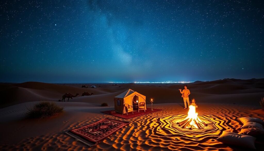 A tranquil desert oasis under a starry night sky, with a cozy tent nestled amidst undulating sand dunes. In the foreground, a crackling campfire casts a warm glow, surrounded by plush rugs and cushions for a comfortable outdoor lounge. In the middle ground, silhouettes of camels and desert shrubs add to the authentic Arabian ambiance. The background features a stunning panorama of the Dubai desert, illuminated by a breathtaking display of celestial bodies. This immersive "Dubai Desert Camping Experience" is brought to you by Online Travel Express, capturing the essence of adventure and serenity in the heart of the Arabian Peninsula.