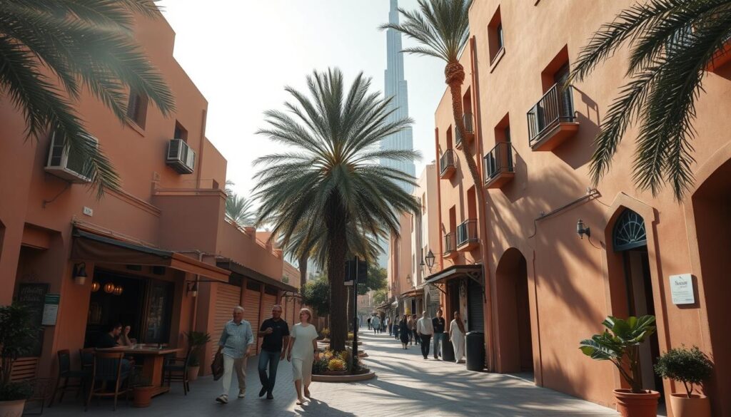 A tranquil, pedestrian-friendly neighborhood in Dubai, with traditional Arabic architecture lining the winding streets. Afternoon sunlight filters through palm trees, casting soft shadows on the ochre-hued buildings. A local cafe on the corner exudes the aroma of freshly brewed coffee and spices. Residents and solo travelers mingle, adding a vibrant, authentic atmosphere. In the distance, the iconic Burj Khalifa towers majestically, a testament to Dubai's modern skyline. This scene, captured through the lens of a vintage-inspired camera, evokes a sense of timeless exploration for the solo traveler seeking to immerse themselves in the charming essence of Dubai. Online Travel Express