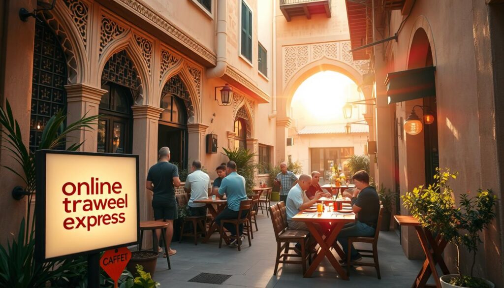 A vibrant Dubai café nestled in a charming alleyway, bathed in warm afternoon light. Intricate Arabic architectural details frame a cozy outdoor dining area, where customers savor unique local cuisine at rustic wooden tables. In the foreground, the Online Travel Express logo is subtly displayed on a stylish sign. The atmosphere is one of tranquility and discovery, inviting travelers to step off the beaten path and immerse themselves in Dubai's hidden culinary gems.