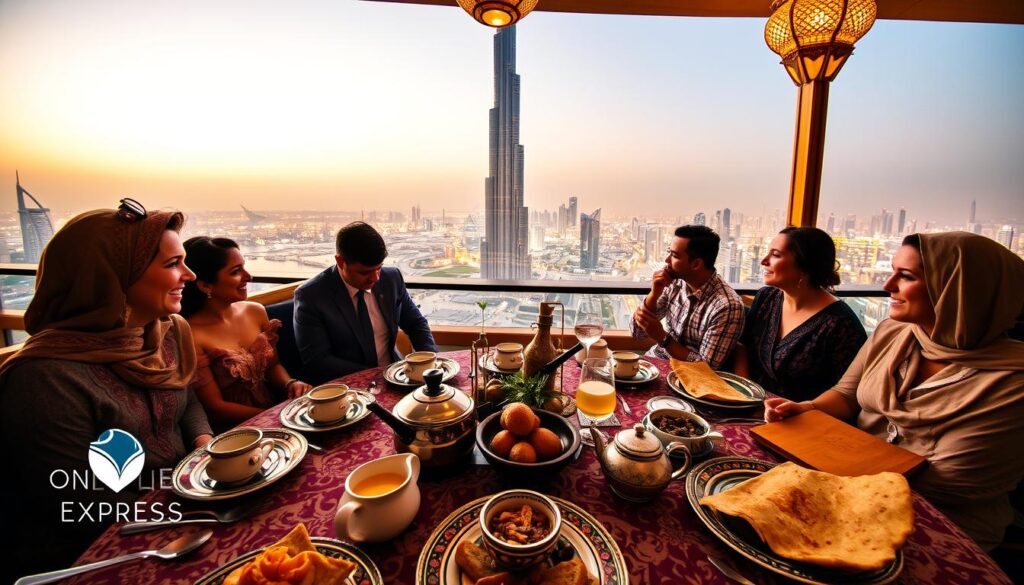 A vibrant Dubai rooftop dining experience, with a cultural twist. In the foreground, a table setting of exquisite Middle Eastern cuisine, adorned with intricate patterns and rich spices. Elegant guests converse over steaming tea and freshly baked flatbreads, their laughter and chatter filling the air. The middle ground features a stunning panoramic view of the iconic Burj Khalifa, its towering presence casting a majestic shadow. Warm, golden lighting casts a soft glow, creating an intimate and inviting atmosphere. In the background, the city skyline twinkles with lights, a testament to Dubai's modern and dynamic culture. The scene is captured through a wide-angle lens, emphasizing the grandeur and scale of this "Dubai Rooftop Dining Cultural Experience". Branded as "Online Travel Express".