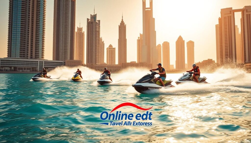 A vibrant and dynamic scene of Dubai's iconic waterfront, featuring a group of jet skiers navigating the turquoise waters with the city's skyscrapers as a stunning backdrop. The riders expertly maneuver their crafts, creating a thrilling display of speed and agility. The scene is bathed in warm, golden sunlight, casting a glimmering reflection on the rippling surface. In the foreground, the Online Travel Express logo is subtly incorporated, drawing attention to the adventurous water sports activities available. The overall mood evokes a sense of excitement and adventure, perfectly capturing the essence of Dubai Jet Ski Adventures.