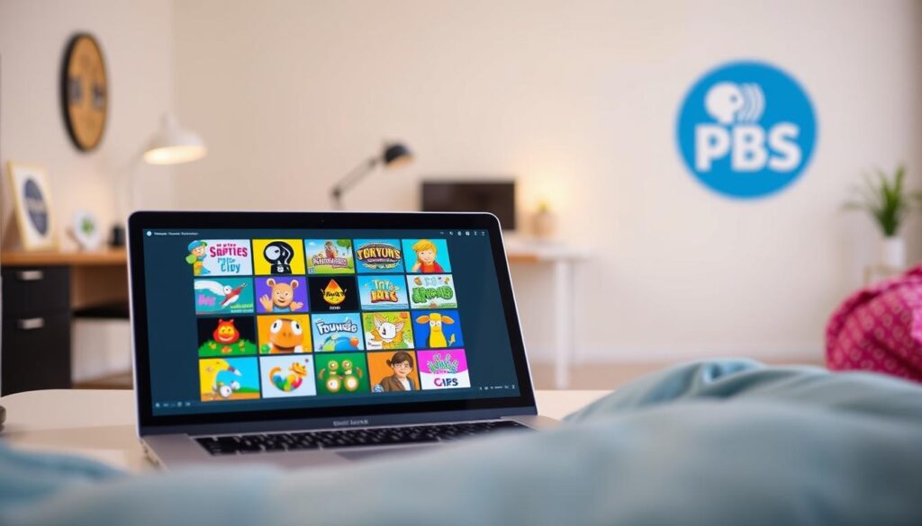 A vibrant and visually engaging scene showcasing the convenience and accessibility of PBS educational games online. In the foreground, a laptop or tablet display depicts a selection of diverse, colorful PBS game icons and thumbnails, inviting interaction. The middle ground features a cheerful, minimalist workspace setup, with a desk, office chair, and other relevant peripherals. The background subtly incorporates the PBS logo or branding, conveying the trusted educational authority behind the games. The lighting is soft and warm, creating a welcoming and comfortable atmosphere. The overall composition emphasizes the ease of access and the integration of PBS games into a modern, tech-savvy lifestyle.