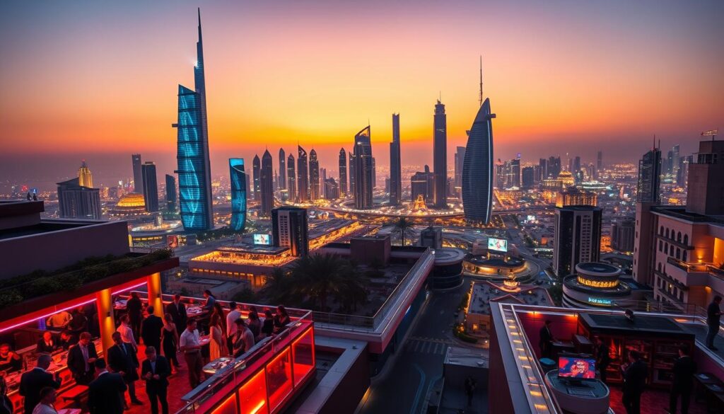 A vibrant cityscape at twilight, capturing the emerging nightlife trends in Dubai's future. In the foreground, neon-lit rooftop bars and lounges bustle with well-dressed patrons, their laughter and music spilling into the streets below. The middle ground features a mix of sleek, futuristic skyscrapers and holographic projections that animate the skyline, creating an immersive, high-tech ambiance. In the background, a glittering metropolis stretches out, its towering structures silhouetted against a vibrant, gradient sky. Warm lighting casts a golden glow, evoking a sense of energy and excitement. The scene conveys a vision of Dubai's nightlife in 2025 - a captivating blend of modern luxury, technological innovation, and a vibrant, cosmopolitan atmosphere.