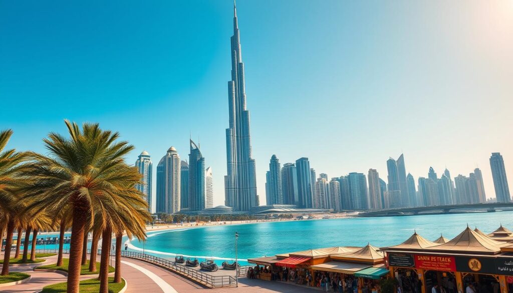 A vibrant cityscape of Dubai, showcasing the iconic skyline of skyscrapers against a clear, azure sky. In the foreground, a sun-drenched palm-lined promenade invites visitors to stroll, with the serene waters of the Arabian Gulf lapping at the shores. The middle ground features a bustling souk, its colorful stalls and animated merchants creating an authentic Middle Eastern atmosphere. In the background, the towering Burj Khalifa stands tall, its sleek, modern design a testament to the city's architectural prowess. The scene is bathed in warm, golden light, evoking the balmy, temperate climate that makes Dubai an alluring destination during the best travel months.