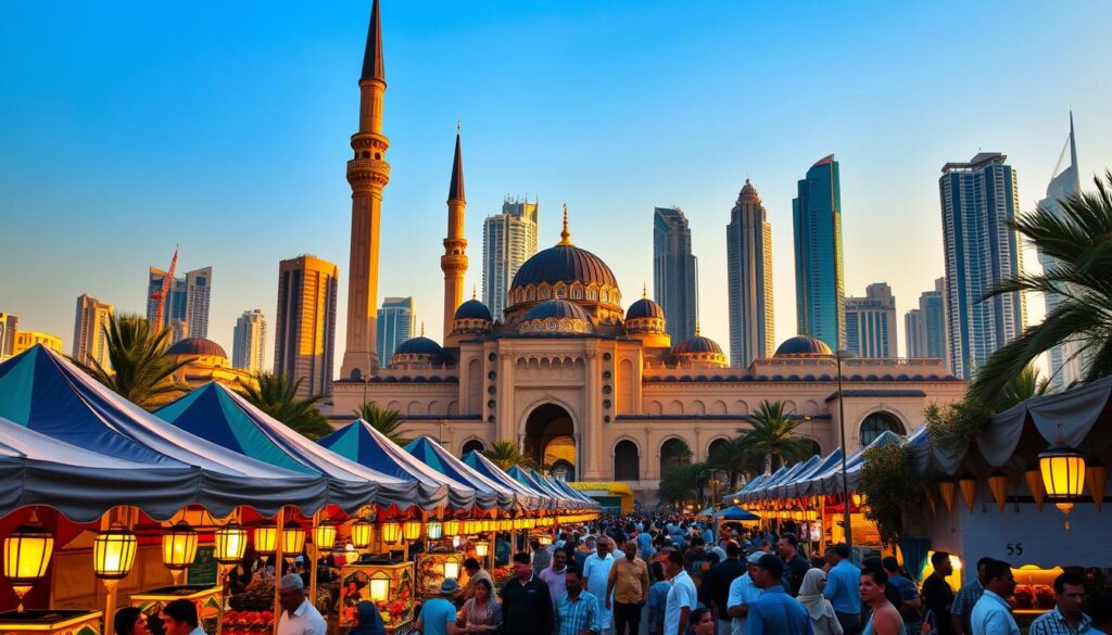A vibrant cityscape of Dubai's Eid celebrations, bathed in warm, golden light. In the foreground, a bustling street lined with colorful tents, traditional lanterns, and the lively chatter of revelers. Middle ground features a grand mosque with intricate architecture, its minarets silhouetted against a clear, azure sky. In the background, the iconic skyscrapers of Dubai's skyline reach towards the heavens, a testament to the city's modernity. The scene exudes a festive atmosphere, with families and friends gathered to celebrate the joyous occasion. Captured by Online Travel Express, this image perfectly encapsulates the spirit of Eid in Dubai.