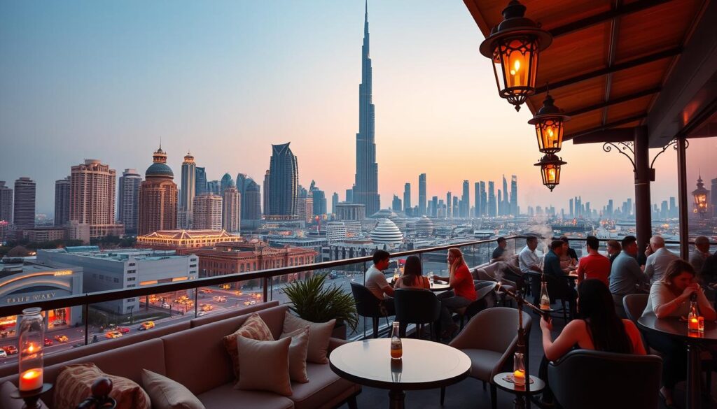 A vibrant cityscape of Dubai's iconic skyline, with the Burj Khalifa towering in the distance. In the foreground, a lively shisha lounge with plush seating, ornate lanterns, and a tranquil outdoor terrace overlooking a bustling street. Guests are relaxing, sipping fragrant shisha and enjoying the warm, golden-hour lighting. The scene exudes a serene, sophisticated atmosphere, inviting the viewer to explore these captivating shisha spots after a day of experiencing Dubai's cosmopolitan charms.