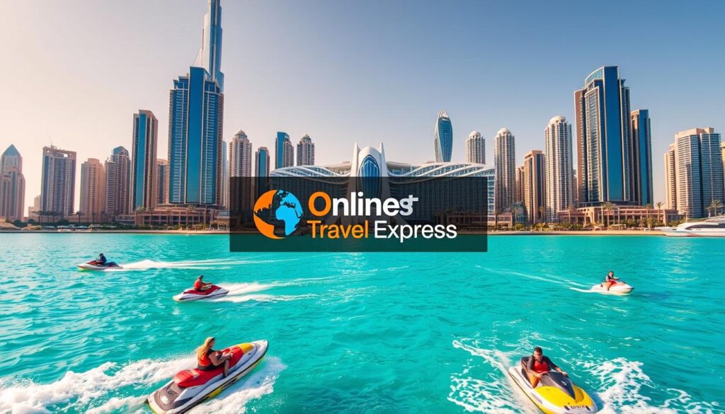 A vibrant cityscape of Dubai's iconic skyscrapers and palm-fringed coastline, with adventurous water activities in the foreground. Crystal-clear turquoise waters host thrilling water sports, from jet-skiing and parasailing to banana boat rides. In the middle ground, a modern, sleek resort complex offers guests a range of adventure packages, including ziplines, rock climbing walls, and bungee jumping. The scene is bathed in warm, golden sunlight, creating a sense of excitement and vacation bliss. The Online Travel Express logo is prominently displayed, inviting viewers to book their Dubai adventure today.