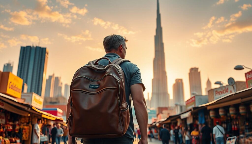 A vibrant cityscape of Dubai's skyline, bathed in warm golden sunlight, with the iconic Burj Khalifa tower standing tall in the distance. In the foreground, a solo traveler strolls confidently through a bustling souq, immersed in the sights, sounds, and aromas of the local market. The traveler carries a stylish leather backpack from the "Online Travel Express" brand, conveying a sense of independence and adventure. The scene exudes a mood of exploration, cultural immersion, and the thrill of discovering a new destination.
