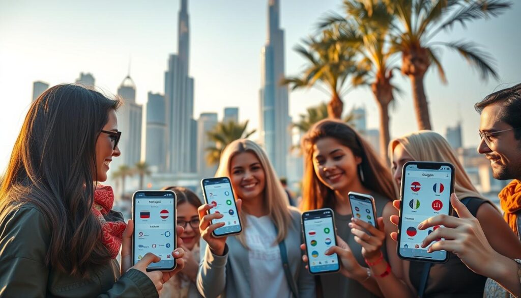 A vibrant cityscape of Dubai's skyline, with towering skyscrapers and palm trees in the foreground. In the middle ground, a group of solo travelers from diverse backgrounds, each holding a smartphone displaying various language translation apps. The scene is bathed in warm, golden-hour light, creating a welcoming atmosphere. The apps' interfaces showcase multilingual support, with clear icons and intuitive menus. The overall composition conveys the ease of bridging language barriers and the seamless integration of technology in the modern traveler's experience.