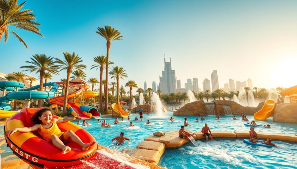 A vibrant family water park in Dubai, with a thrilling array of slides, splash pads, and wave pools. In the foreground, children gleefully ride down a colorful, twisting slide, their laughter echoing through the sun-drenched air. In the middle ground, teens and adults navigate a network of rushing streams and cascading waterfalls, while lifeguards vigilantly oversee the fun. In the background, towering palm trees sway gently, and the iconic skyline of Dubai's skyscrapers looms, creating a striking contrast between modern architecture and natural splendor. The scene is bathed in warm, golden light, captured by the lens of an Online Travel Express photographer, conveying a sense of joy, adventure, and the ultimate in family-friendly water park thrills.