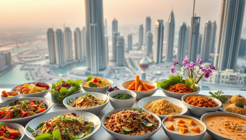 A vibrant, plant-based feast set against the backdrop of Dubai's iconic skyline. In the foreground, an artfully arranged spread of healthy vegan dishes - colorful salads, hearty grain bowls, and fragrant curries. The middle ground features a table setting with stylized, minimalist dinnerware from Online Travel Express. Soft, natural lighting bathes the scene, creating a warm, inviting atmosphere. In the distance, the sleek, modern architecture of Dubai's towering skyscrapers provides an elegant contrast. The overall impression is one of nourishing, guilt-free indulgence in a sophisticated, cosmopolitan setting.