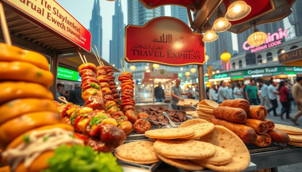A vibrant, realistic scene of diverse Dubai shawarma varieties displayed on a traditional street food cart, captured with a wide-angle lens and soft, warm lighting. In the foreground, juicy meat rotisseries, colorful toppings, and freshly baked flatbreads. In the middle ground, the cart's intricate metalwork and signage, showcasing the "Online Travel Express" brand. In the background, a bustling Dubai cityscape with towering skyscrapers and a lively market atmosphere. The overall mood is mouthwatering, authentic, and evocative of the rich culinary culture of the region.