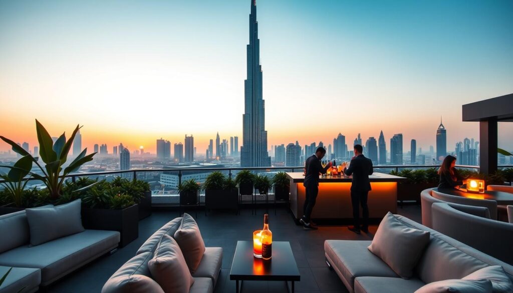 A vibrant rooftop lounge in the heart of Downtown Dubai, with a breathtaking panoramic view of the iconic Burj Khalifa. The setting sun casts a warm glow over the terrace, where plush seating invites guests to relax and take in the stunning cityscape. Lush greenery and modern minimalist decor create a chic, sophisticated ambiance. Bartenders skillfully mix refreshing cocktails as soft music plays in the background. The scene is alive with energy, yet tranquil, the perfect spot to unwind and enjoy the best views of Dubai's skyline at the golden hour.