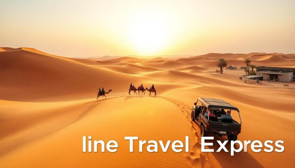 A vibrant, seasonal desert landscape under a warm, golden sunset. In the foreground, a group of adventurers embark on a Dubai Desert Safari, their silhouettes visible against the undulating dunes. The middle ground showcases the iconic dune buggies and camels, carrying passengers through the shifting sands. In the background, a serene desert oasis with palm trees and a traditional Bedouin camp, hinting at the cultural experiences awaiting visitors. The scene is captured with a wide-angle lens, emphasizing the vast, majestic scale of the desert. The mood is one of excitement, exploration, and the allure of the Arabian wilderness. Branding: "Online Travel Express"