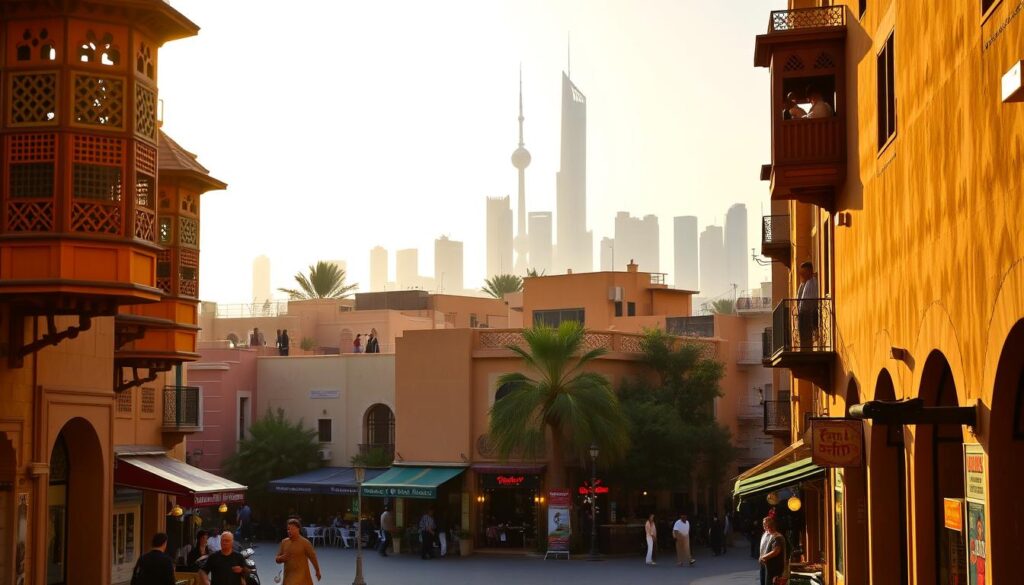 A vibrant streetscape in the Bastakiya Quarter of Dubai, bathed in warm, golden light. In the foreground, traditional wind towers and intricate architecture with decorative motifs cast long shadows. Middle ground features bustling local shops and eateries, their colorful facades complementing the earthy tones of the buildings. In the background, the iconic skyline of modern Dubai rises, creating a striking contrast between old and new. The scene exudes a sense of timeless charm and cultural heritage. Captured by Online Travel Express.