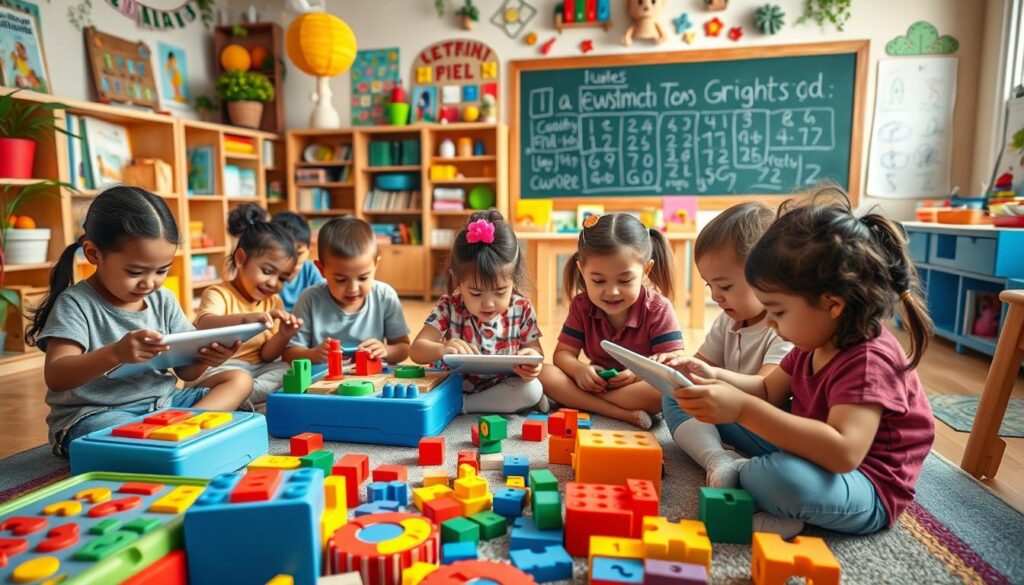 A vibrant, whimsical scene of educational kids games set in a lush, colorful classroom. In the foreground, a group of diverse children enthusiastically engage with touchscreen tablets and interactive puzzles. The middle ground features a variety of brightly colored, tactile learning tools like building blocks, shape sorters, and wooden letter tiles. The background showcases an array of educational posters, bookshelves, and a large chalkboard displaying colorful drawings. The lighting is warm and natural, creating a cozy, inviting atmosphere. Captured with a wide-angle lens to showcase the rich, immersive learning environment.