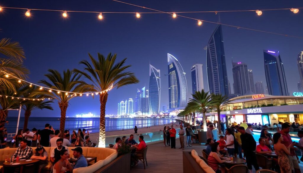 Beachfront nightlife in Dubai, with a lively atmosphere and vibrant energy. In the foreground, a bustling outdoor lounge with plush seating, palm trees, and twinkling lights strung overhead. Groups of friends sipping cocktails and socializing against a backdrop of the Arabian Gulf, its calm waters reflecting the city's stunning skyline. In the middle ground, a promenade lined with chic restaurants and bars, their facades illuminated by neon signs and soft ambient lighting. The background is dominated by the iconic skyscrapers of Dubai, their glass and steel facades glistening under a clear night sky. The scene exudes a sense of luxury, excitement, and cosmopolitan allure.