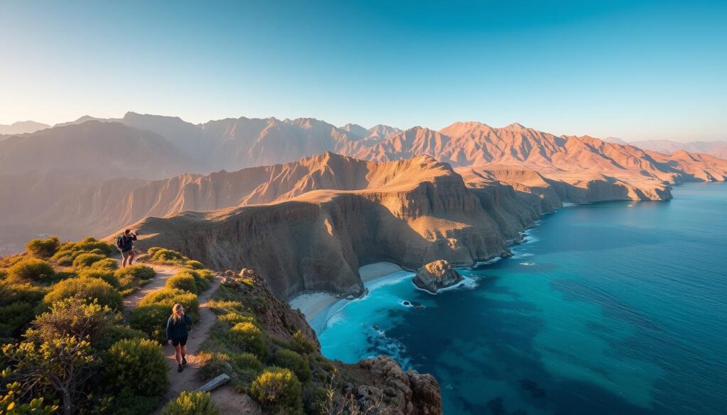 Dramatic coastal cliffs overlooking the turquoise waters of the Arabian Gulf, with a winding hiking trail snaking through lush vegetation. Towering mountains rise in the distance, their peaks bathed in warm golden sunlight. Hikers explore the rugged terrain, capturing breathtaking vistas through their camera lenses. The scene is captured with a wide-angle lens, emphasizing the vastness of the landscape. The mood is one of serene adventure, inviting the viewer to imagine themselves immersed in this scenic coastal oasis. Online Travel Express