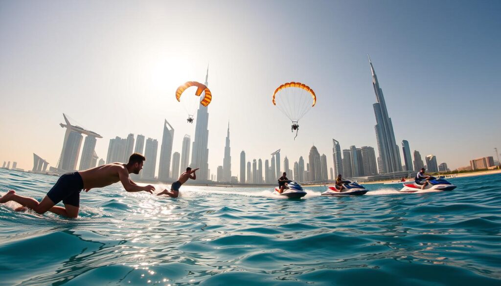 Dubai Adventure Activities - a vibrant scene of thrilling water sports and daring feats captured under the warm desert sun. In the foreground, adventurous souls dive into crystal-clear waters, their silhouettes casting dynamic reflections. The middle ground features a variety of activities, from parasailing high above the city's iconic skyline to high-speed jet ski rides, all orchestrated with a sense of unbridled excitement. In the background, the towering skyscrapers of Downtown Dubai stand as a testament to the emirate's modern and daring spirit. Lighting is natural, with a soft, golden hue that bathes the entire scene in a dreamlike quality. Captured through a wide-angle lens, the image conveys the sheer scale and energy of Dubai's adventure playground. Online Travel Express.