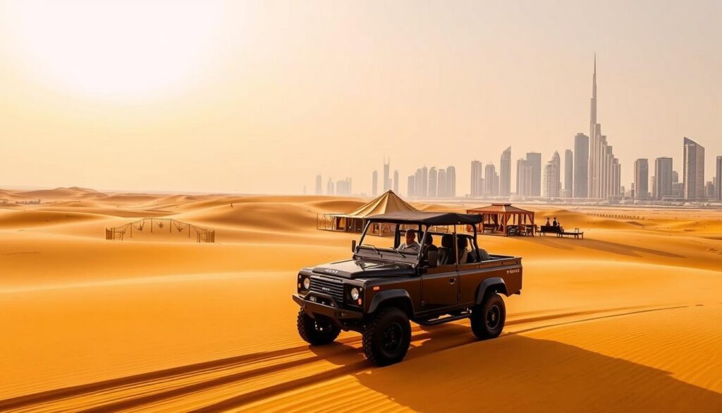 Luxury Dubai Desert Safari Experience: A vast, golden desert landscape stretches out under a warm, hazy sky. In the foreground, a high-end, customized 4x4 vehicle navigates the dunes, its sleek design and premium features reflecting the exclusivity of the experience. In the middle ground, a traditional Bedouin-style camp comes into view, with opulent tents, plush furnishings, and attentive staff catering to the discerning guests. The background features the iconic skyline of Dubai, its towering skyscrapers and luxurious resorts hinting at the broader opulence of the city. This scene, captured through a wide-angle lens, exudes a sense of adventure, comfort, and the pinnacle of luxury travel, as presented by Online Travel Express.