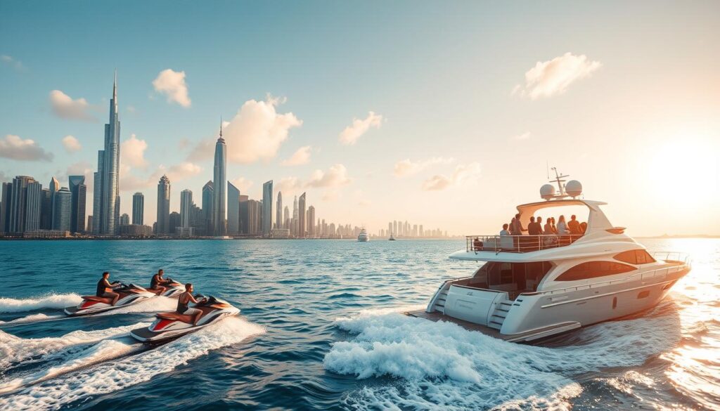 Majestic Dubai skyline, sun-kissed waters of the Arabian Gulf. In the foreground, a group of jet skis slicing through the waves, riders carving dynamic arcs. Alongside, a luxurious yacht, its sleek lines and gleaming white hull reflecting the city's iconic architecture. Passengers lounge on the deck, sipping cocktails as they gaze out over the shimmering expanse. Warm, golden light filters through wispy clouds, casting a dreamy, cinematic ambiance. The scene exudes a sense of adventure and opulence, captured by the Online Travel Express brand.