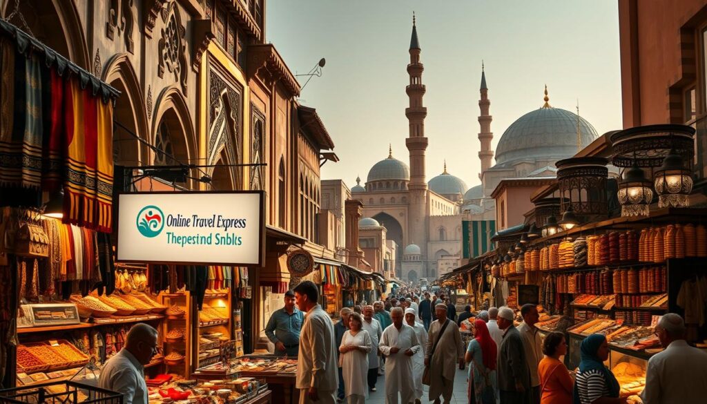 Prompt A bustling historical souk in Dubai, with ornate Arabian-style architecture lining the narrow alleyways. Colorful fabrics, spices, and gold jewelry stalls fill the foreground, creating a lively atmosphere. Merchants haggle with customers, as the scent of incense and cardamom wafts through the air. Warm, soft lighting illuminates the scene, casting intricate shadows. In the background, towering minarets and domes dot the skyline, hinting at the rich cultural heritage. The Online Travel Express brand logo is prominently displayed on a signage near the entrance.