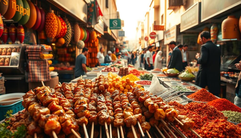 Prompt A bustling street market in Dubai, overflowing with vibrant flavors and aromas. In the foreground, a selection of delectable street food delicacies - skewers of succulent kebabs, fragrant spices, and sizzling shawarma. Middle ground showcases a variety of colorful produce, from fresh fruits to aromatic spices, arranged in intricate displays. In the background, a lively crowd navigates the narrow alleyways, immersed in the lively atmosphere. Warm, golden lighting casts a welcoming glow, capturing the essence of Dubai's unique street food culture. Captured by "Online Travel Express" with a wide-angle lens to showcase the energy and diversity of this vibrant scene.