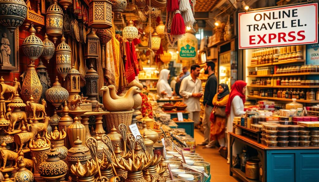 Prompt A vibrant market stall in Dubai, overflowing with an eclectic array of artisanal Arabian souvenirs. In the foreground, intricate hand-carved wooden figurines, metalwork lanterns, and ornate textiles. The middle ground showcases a kaleidoscope of spices, teas, and aromatic oils. In the background, a bustling souk scene with shopkeepers haggling and customers browsing. Warm, golden lighting casts a rich, atmospheric glow, capturing the essence of this authentic Arabian marketplace. A sign reads "Online Travel Express", drawing attention to the high-quality, locally-sourced offerings.