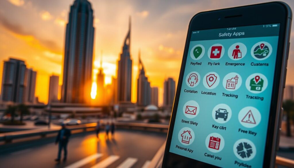Safety apps for Dubai, a cityscape showcasing skyscrapers against a vibrant sunset sky. In the foreground, a close-up of a smartphone screen displays various safety icons, including emergency contacts, location tracking, and personal safety alerts. The middle ground features pedestrians navigating the bustling streets, while the background captures the iconic architecture of Dubai, bathed in warm, golden light. The overall tone conveys a sense of security and reassurance for solo travelers, reflecting the essential apps for their peace of mind.