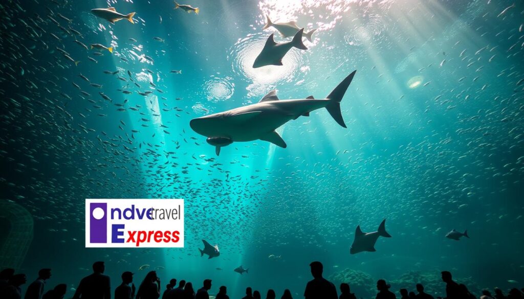 Underwater scene at the Dubai Aquarium, showcasing its diverse marine life. A vast, dimly-lit tank filled with schools of vibrant tropical fish, manta rays, and a majestic whale shark gliding gracefully through the turquoise waters. Sunlight filters in from above, casting a warm glow and creating a sense of tranquility. Visitors observe the aquatic wonders through large, curved glass panels, their reflections blending with the aquarium's inhabitants. The "Online Travel Express" logo is prominently displayed, highlighting the aquarium as a must-visit family-friendly attraction in Dubai.
