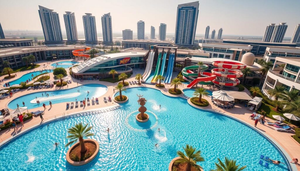 Vibrant Dubai water park oasis, pristine pools and thrilling slides against a backdrop of iconic skyscrapers. Crystalline waters shimmer in warm sunlight, families playfully splash and sun-seekers relax on chic cabanas. Sleek, contemporary architecture and lush greenery create a stylish, upscale ambiance. Aerial view captures the expansive layout, diverse attractions, and seasonal changes across the year, showcasing the ultimate Dubai water park experience from Online Travel Express.