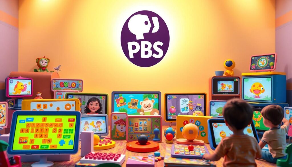 Vibrant and playful digital games set against a warm, inviting PBS backdrop. In the foreground, various interactive educational activities engage young learners, with colorful characters and intuitive interfaces. The middle ground showcases a diverse array of game genres, from problem-solving puzzles to interactive storybooks. In the background, a soft, diffused lighting creates a welcoming atmosphere, complemented by the iconic PBS logo subtly integrated into the design. The overall scene conveys a sense of wonder, curiosity, and the joy of learning through immersive, high-quality digital experiences.