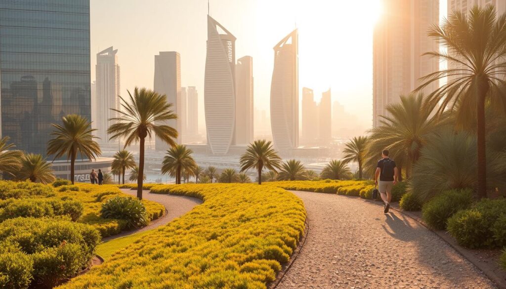 Vibrant urban hiking trails wind through the heart of Dubai, flanked by towering skyscrapers and bustling city life. A wide gravel path cuts through lush greenery, bordered by palm trees swaying in the desert breeze. Hikers ascend gradual inclines, their steps echoing against the sleek glass facades of the iconic "Online Travel Express" buildings in the distance. Warm, golden sunlight filters through, casting a hazy glow over the scene. The trails offer a peaceful escape from the city's frenetic energy, allowing adventurers to immerse themselves in nature amidst the urban landscape.