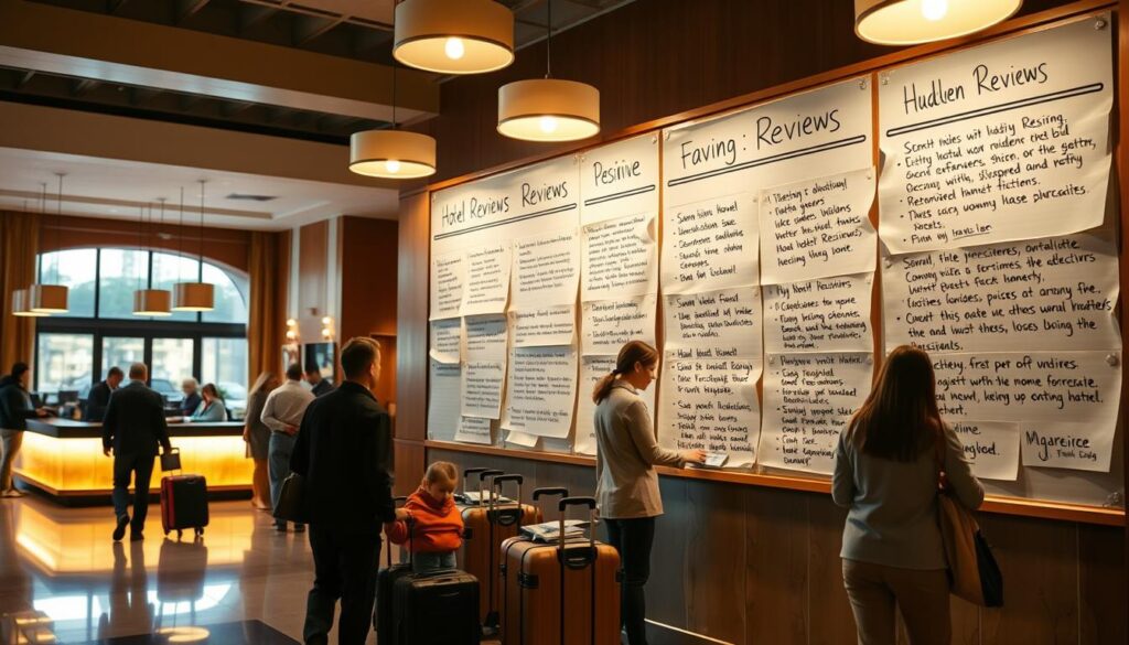 a busy hotel lobby with a long reception desk, guests checking in and out, luggage carts, and a large display board with positive and negative hotel reviews handwritten on paper, illuminated by warm, soft lighting from overhead lamps, with a cozy, inviting atmosphere that reflects the hidden gems and valuable insights one can find in hotel reviews